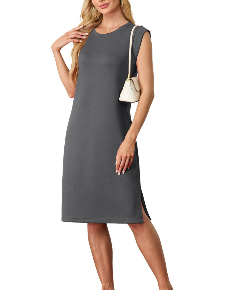 Robe Midi Femme en tissu léger, col rond, coupe fluide – Menvelo