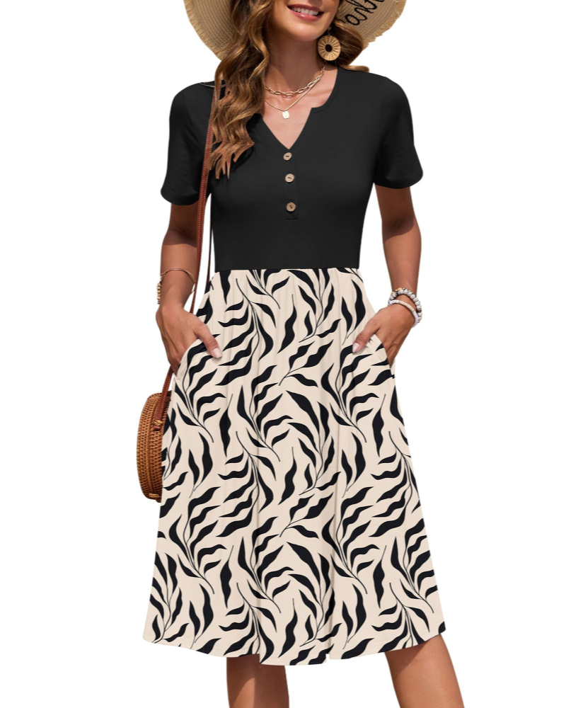 Ester Robe Femme – Robe Été Mi-Longue Col V Manches Courtes Boutonnée Taille Empire Poches