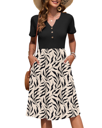 Ester Robe Femme – Robe Été Mi-Longue Col V Manches Courtes Boutonnée Taille Empire Poches
