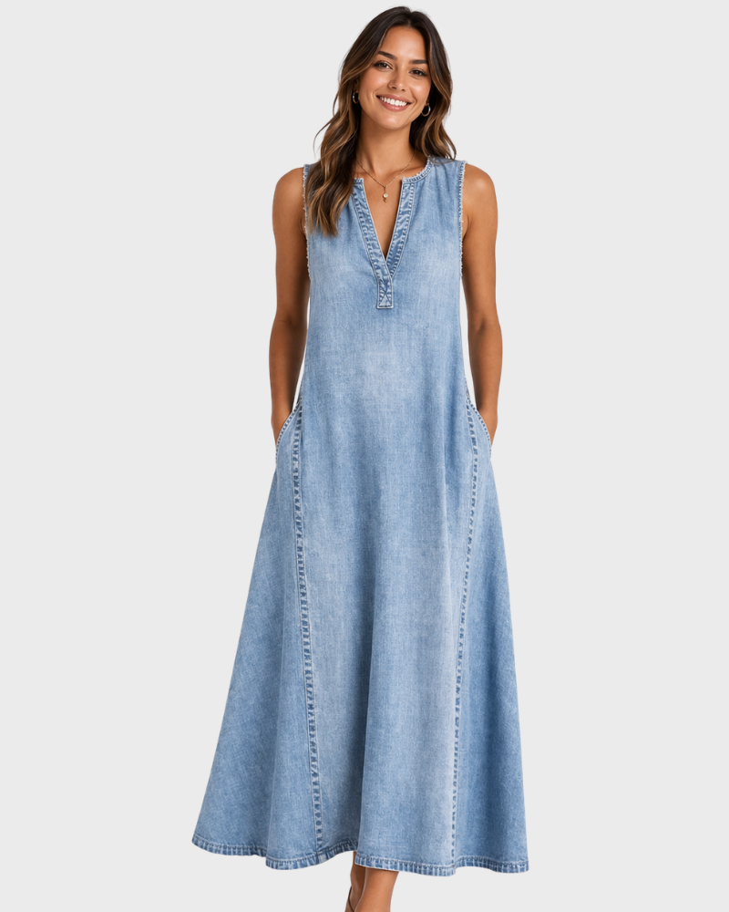 Robe Midi Femme en denim, col V, coupe fluide – Menvelo