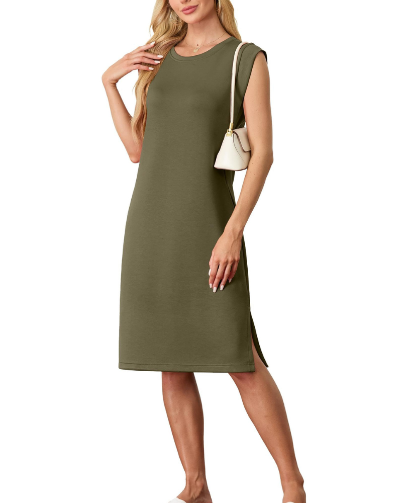 Robe Midi Femme en tissu léger, col rond, coupe fluide – Menvelo