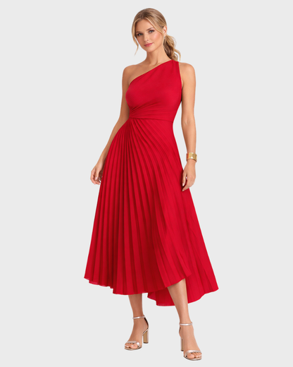 Naia Robe Femme Midi Asymétrique – Plissée Élégante & Coupe Taille Marquée