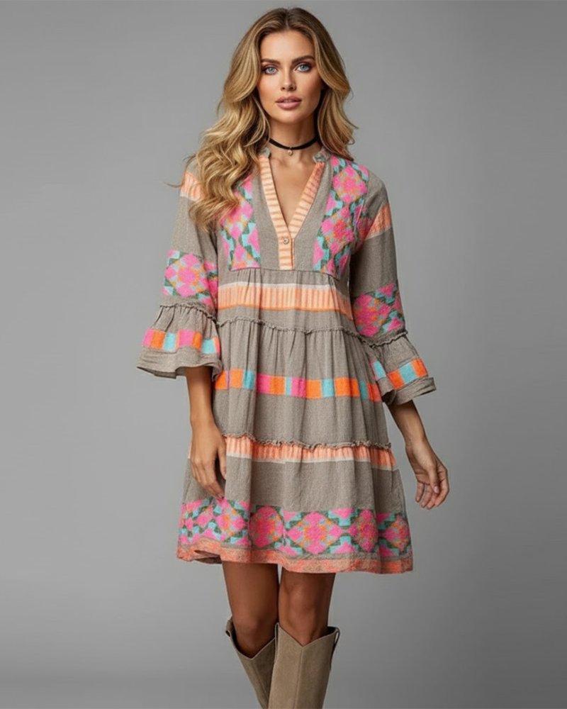 Juris Robe Bohème Femme – Robe Fluide Imprimée, Manches Évasées & Style Coloré
