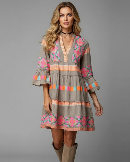 Juris Robe Bohème Femme – Robe Fluide Imprimée, Manches Évasées & Style Coloré
