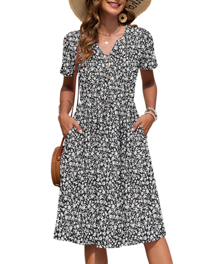 Ester Robe Femme – Robe Été Mi-Longue Col V Manches Courtes Boutonnée Taille Empire Poches