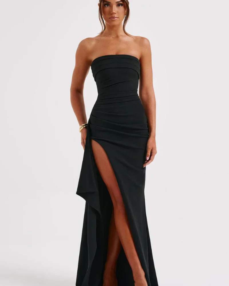 Milca Robe Soirée Femme – Robe Longue Bustier Froncée, Fente Haute & Élégance Chic