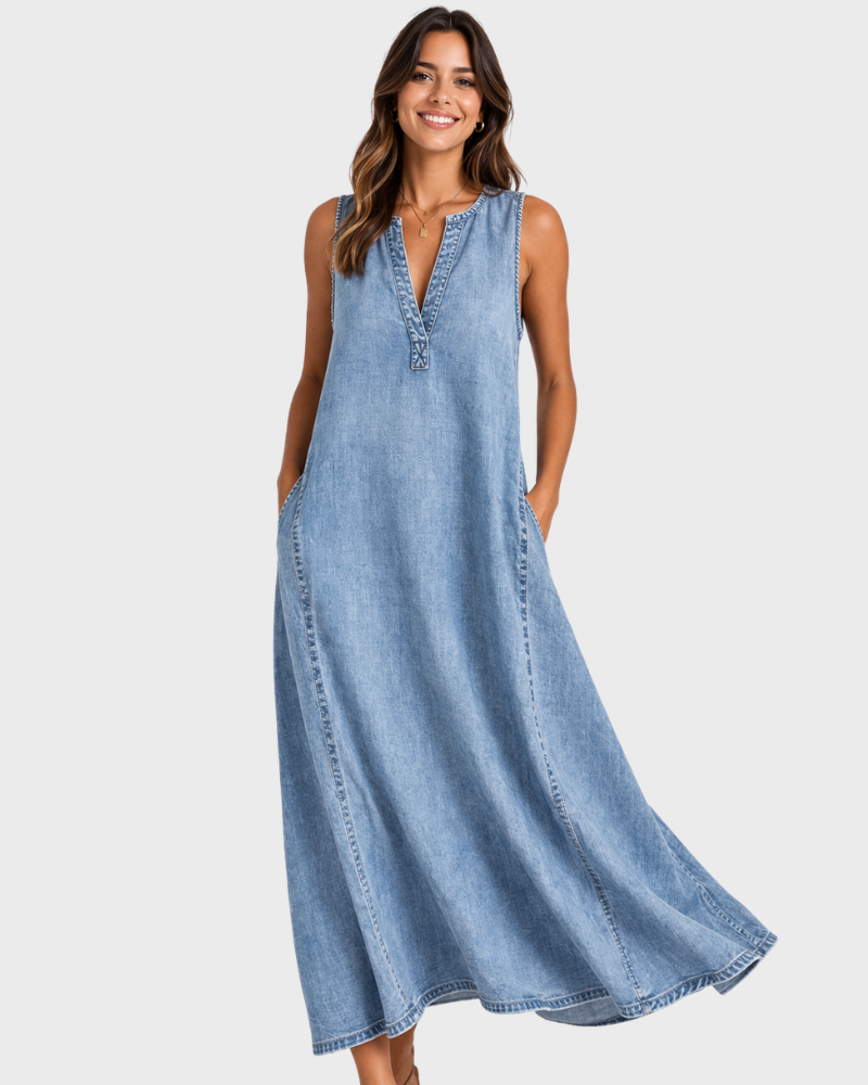 Robe Midi Femme en denim, col V, coupe fluide – Menvelo