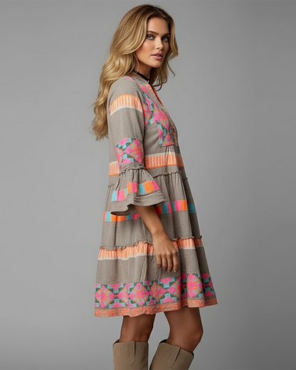 Juris Robe Bohème Femme – Robe Fluide Imprimée, Manches Évasées & Style Coloré