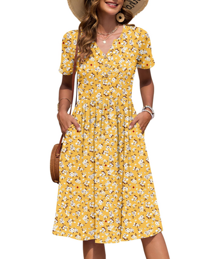 Ester Robe Femme – Robe Été Mi-Longue Col V Manches Courtes Boutonnée Taille Empire Poches