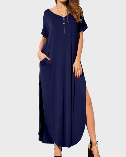 Rosenda Robe Maxi Femme – Col V Manches Courtes, Coupe Fluide & Fente avec Poches Été