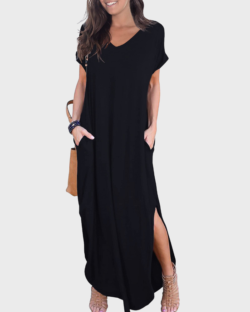 Rosenda Robe Maxi Femme – Col V Manches Courtes, Coupe Fluide & Fente avec Poches Été