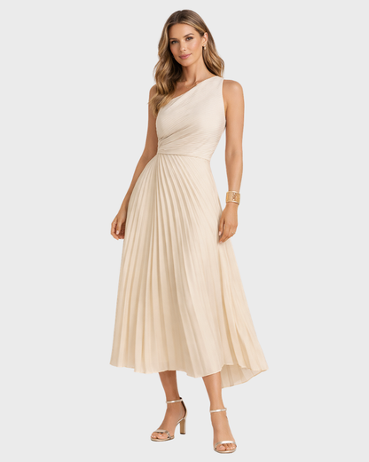 Naia Robe Femme Midi Asymétrique – Plissée Élégante & Coupe Taille Marquée