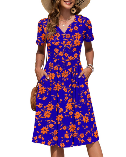 Ester Robe Femme – Robe Été Mi-Longue Col V Manches Courtes Boutonnée Taille Empire Poches