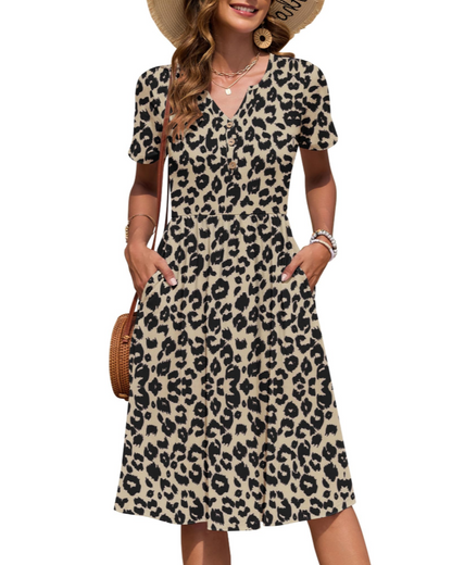 Ester Robe Femme – Robe Été Mi-Longue Col V Manches Courtes Boutonnée Taille Empire Poches