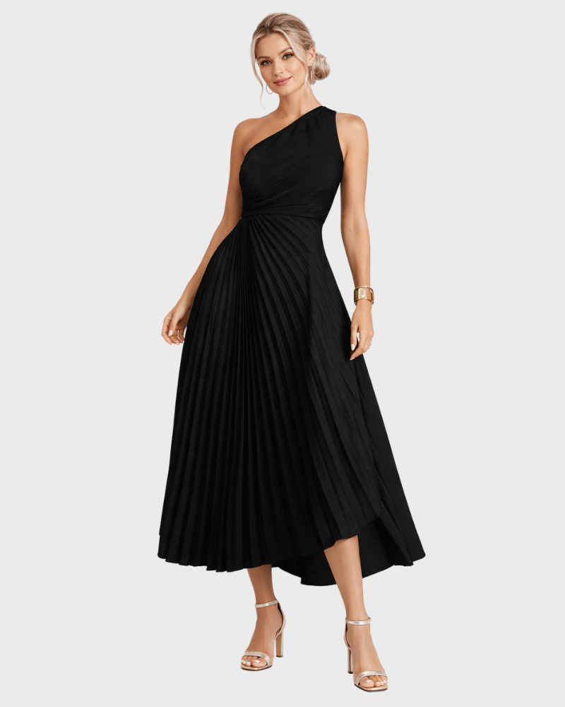 Naia Robe Femme Midi Asymétrique – Plissée Élégante & Coupe Taille Marquée