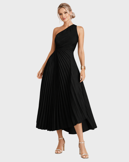 Naia Robe Femme Midi Asymétrique – Plissée Élégante & Coupe Taille Marquée