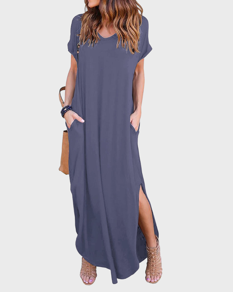 Rosenda Robe Maxi Femme – Col V Manches Courtes, Coupe Fluide & Fente avec Poches Été