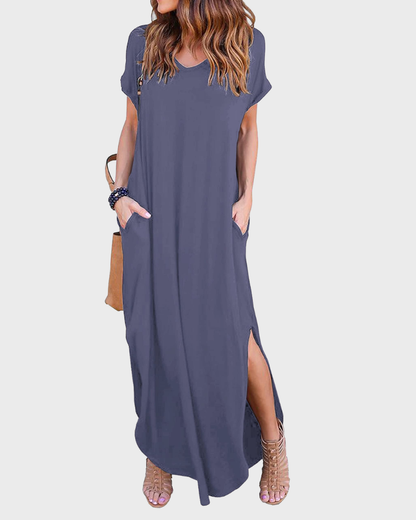 Rosenda Robe Maxi Femme – Col V Manches Courtes, Coupe Fluide & Fente avec Poches Été