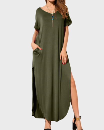 Rosenda Robe Maxi Femme – Col V Manches Courtes, Coupe Fluide & Fente avec Poches Été