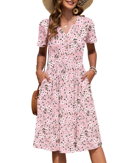 Ester Robe Femme – Robe Été Mi-Longue Col V Manches Courtes Boutonnée Taille Empire Poches