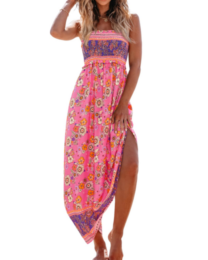 Jheda Robe Longue Femme – Robe Maxi Fleurie Smockée Bretelles Fines Volants Bohème Chic Été