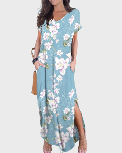 Rosenda Robe Maxi Femme – Col V Manches Courtes, Coupe Fluide & Fente avec Poches Été