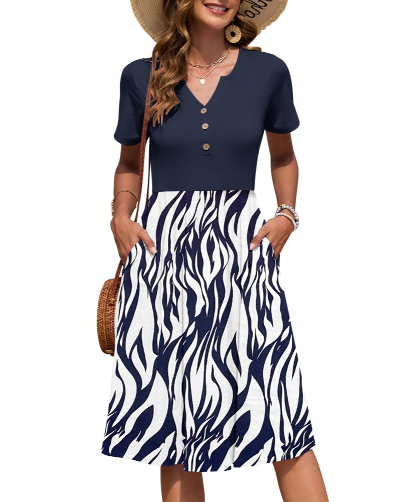 Ester Robe Femme – Robe Été Mi-Longue Col V Manches Courtes Boutonnée Taille Empire Poches