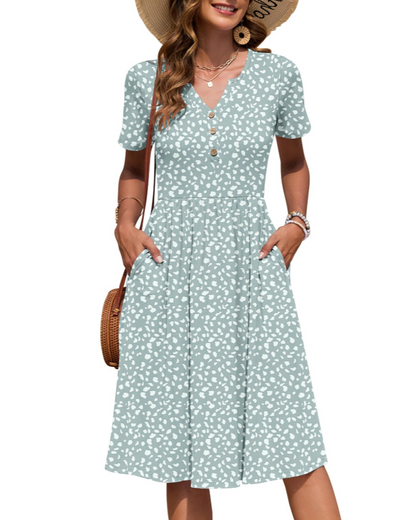 Ester Robe Femme – Robe Été Mi-Longue Col V Manches Courtes Boutonnée Taille Empire Poches