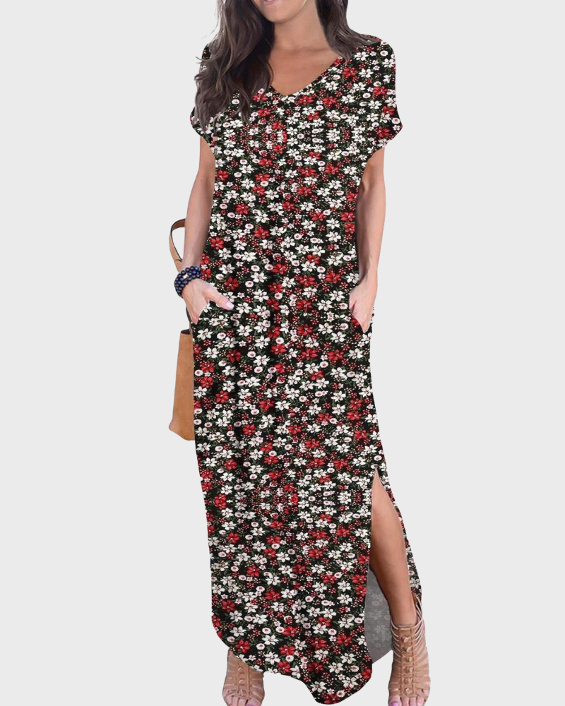 Rosenda Robe Maxi Femme – Col V Manches Courtes, Coupe Fluide & Fente avec Poches Été