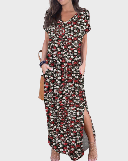 Rosenda Robe Maxi Femme – Col V Manches Courtes, Coupe Fluide & Fente avec Poches Été