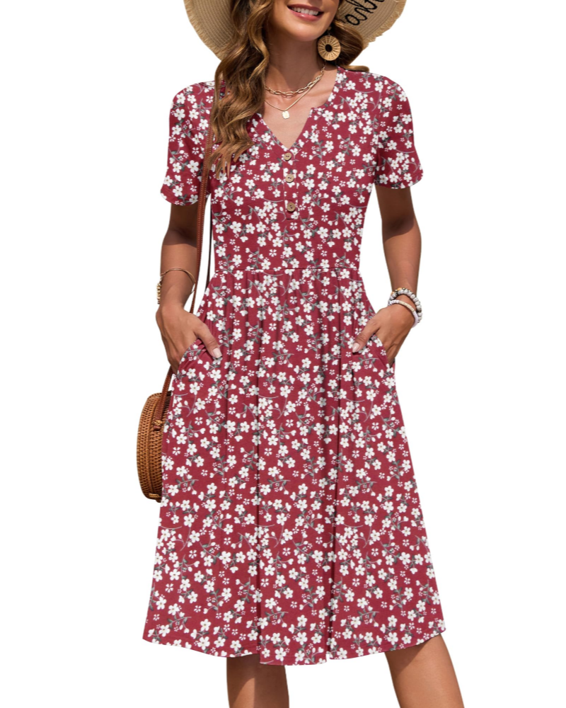 Ester Robe Femme – Robe Été Mi-Longue Col V Manches Courtes Boutonnée Taille Empire Poches