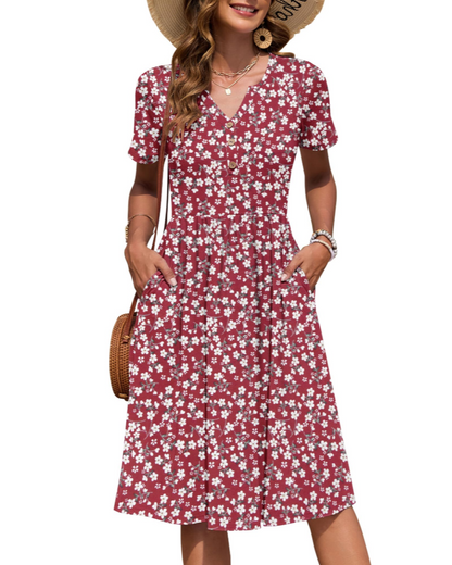 Ester Robe Femme – Robe Été Mi-Longue Col V Manches Courtes Boutonnée Taille Empire Poches