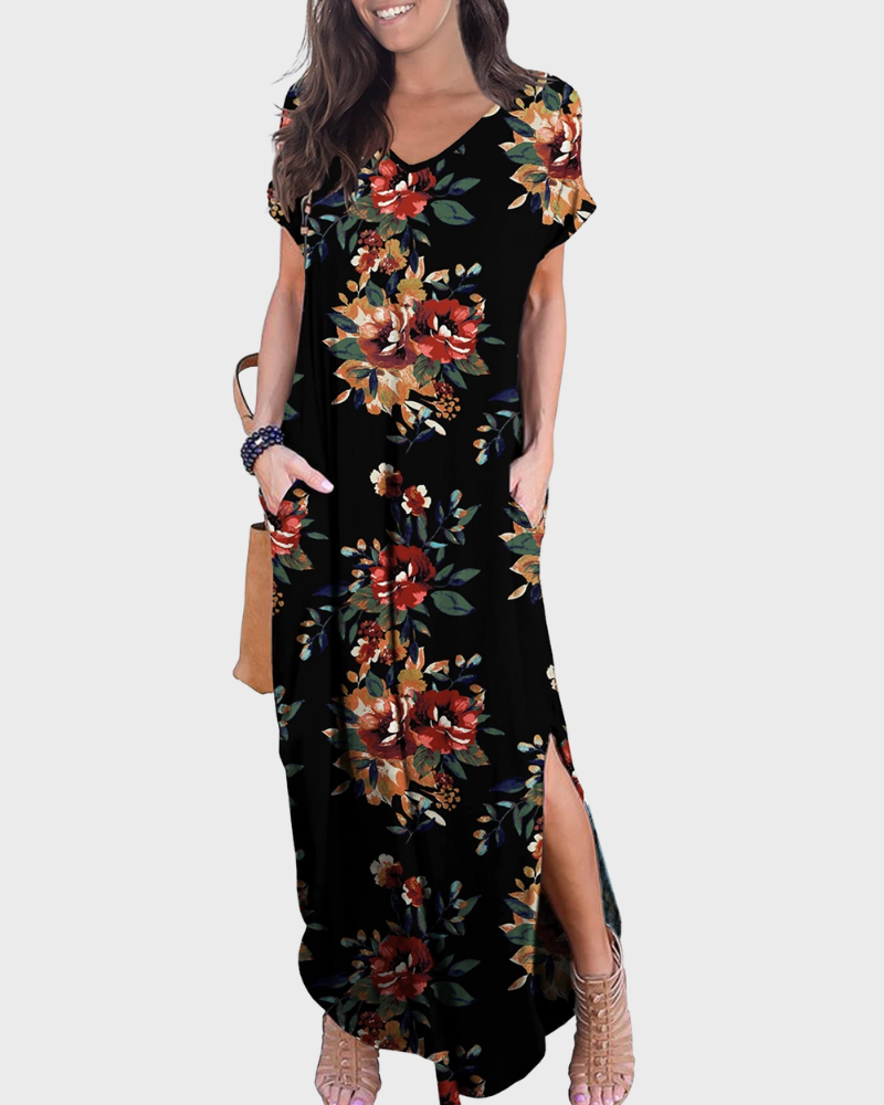 Rosenda Robe Maxi Femme – Col V Manches Courtes, Coupe Fluide & Fente avec Poches Été