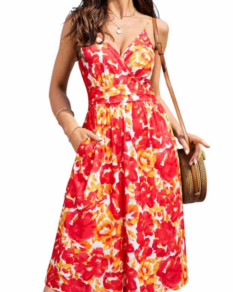 Robe Midi Femme en tissu léger, col V, coupe confortable – Menvelo