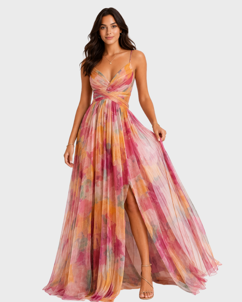 Jerline Robe Longue Femme – Imprimé Floral, Bretelles Fines & Coupe Fluide Élégante