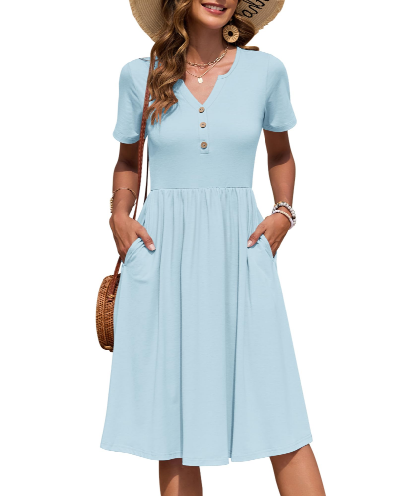 Ester Robe Femme – Robe Été Mi-Longue Col V Manches Courtes Boutonnée Taille Empire Poches