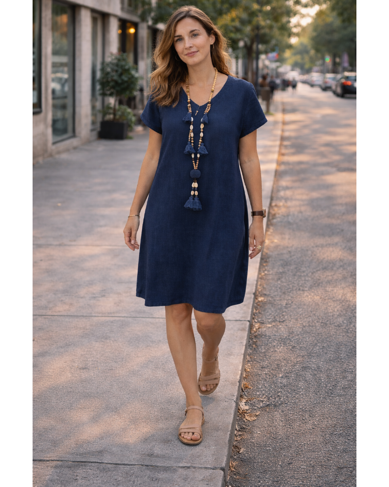 Salome Robe Femme – Col V Coton Lin, Manches Courtes & Coupe A-Line Midi avec Poches Été