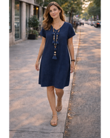 Menvelo Robe Midi Femme Lin Col V Coupe Fluide Avec Poches