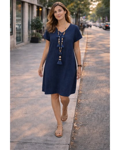 Salome Robe Femme – Col V Coton Lin, Manches Courtes & Coupe A-Line Midi avec Poches Été