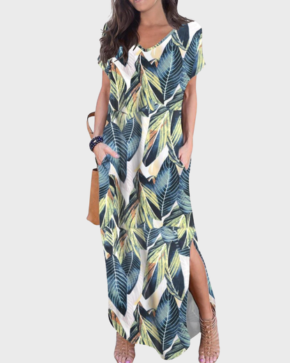 Rosenda Robe Maxi Femme – Col V Manches Courtes, Coupe Fluide & Fente avec Poches Été