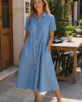 Menvelo Robe Midi Femme Denim Boutonnée Avec Poches