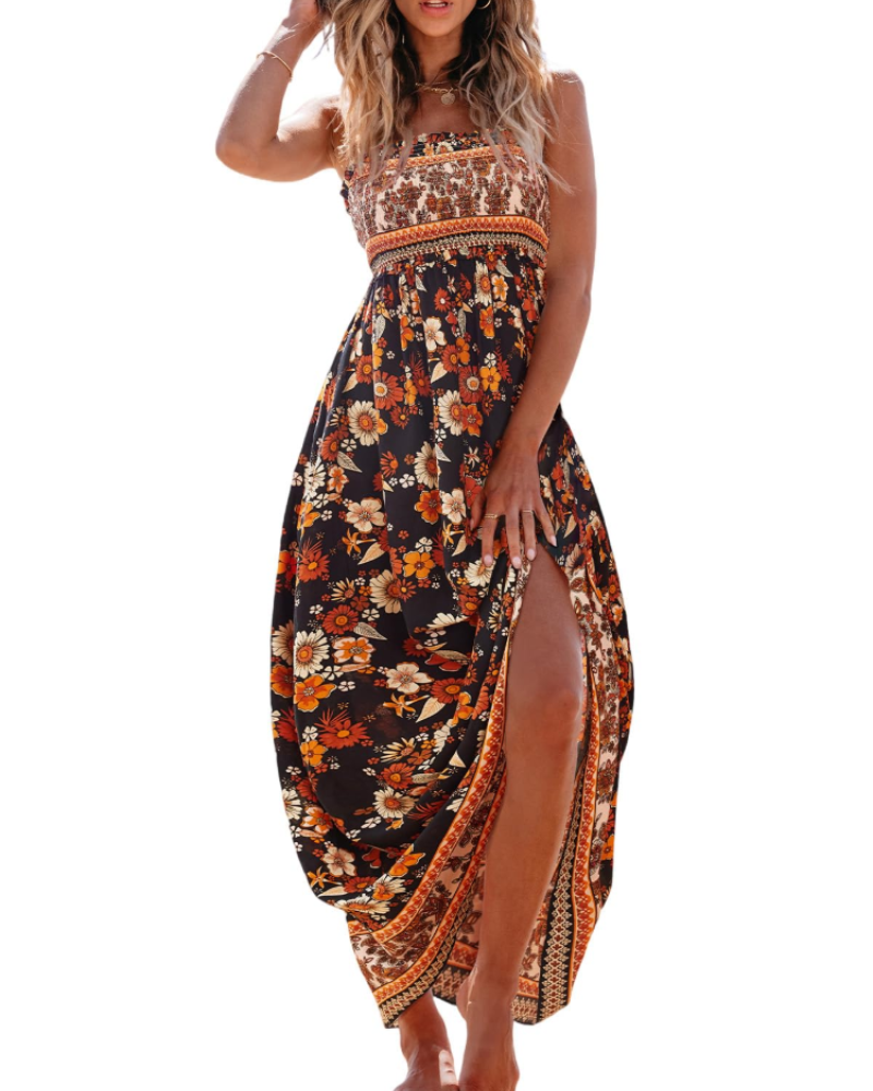 Jheda Robe Longue Femme – Robe Maxi Fleurie Smockée Bretelles Fines Volants Bohème Chic Été