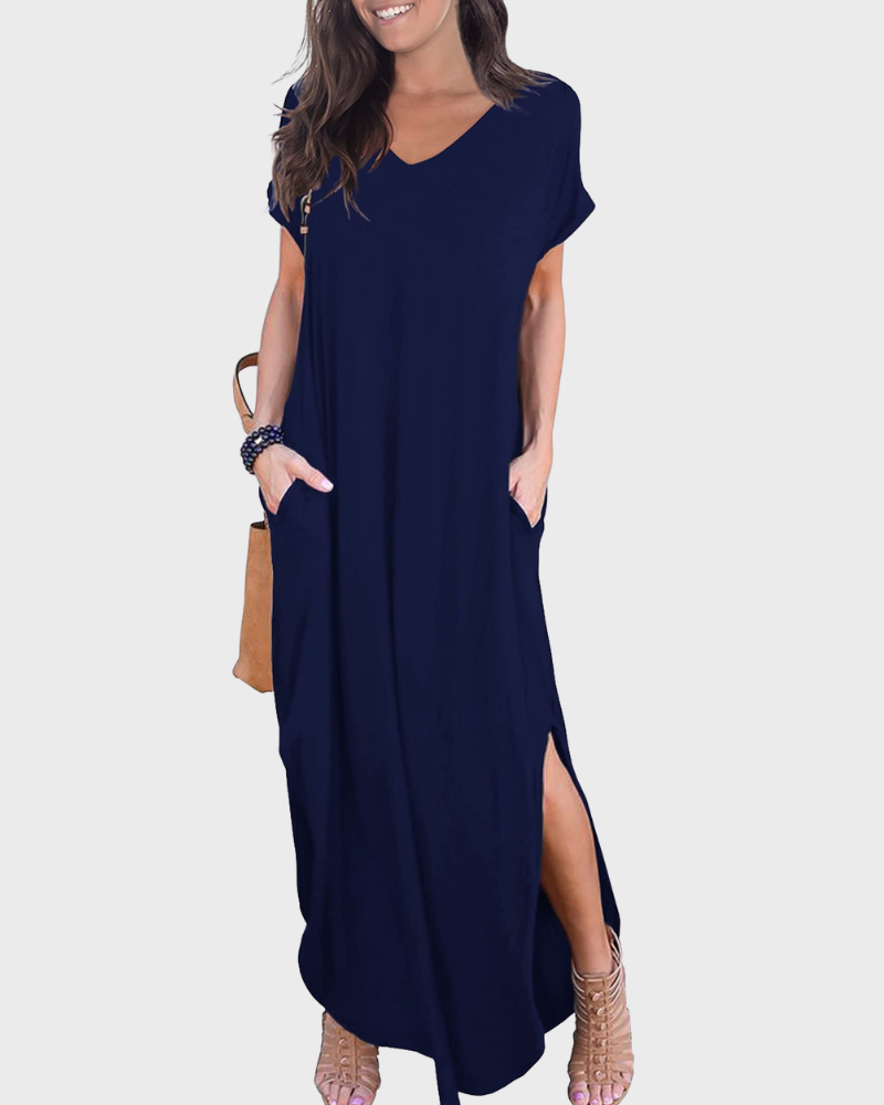 Rosenda Robe Maxi Femme – Col V Manches Courtes, Coupe Fluide & Fente avec Poches Été