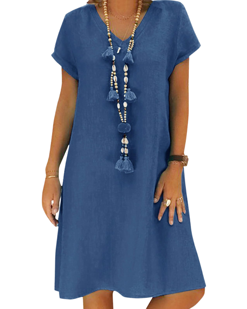 Salome Robe Femme – Col V Coton Lin, Manches Courtes & Coupe A-Line Midi avec Poches Été