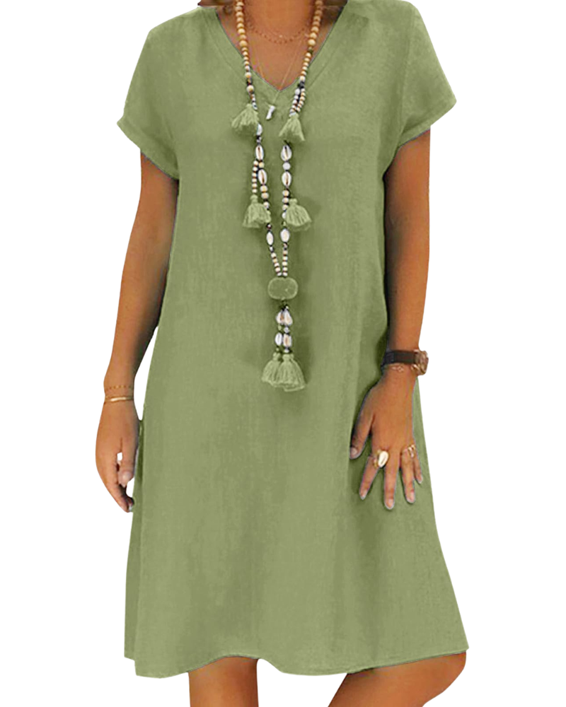 Salome Robe Femme – Col V Coton Lin, Manches Courtes & Coupe A-Line Midi avec Poches Été