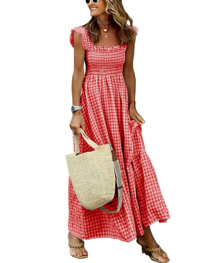 Rona Robe Maxi Femme – Col Carré Bretelles Fines Carreaux, Coupe A-Line & Dos Smocké avec Poches