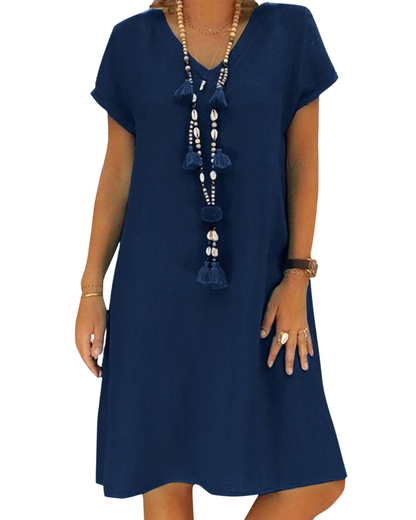 Salome Robe Femme – Col V Coton Lin, Manches Courtes & Coupe A-Line Midi avec Poches Été