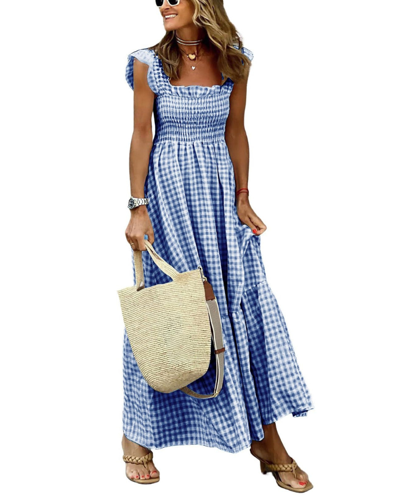 Rona Robe Maxi Femme – Col Carré Bretelles Fines Carreaux, Coupe A-Line & Dos Smocké avec Poches