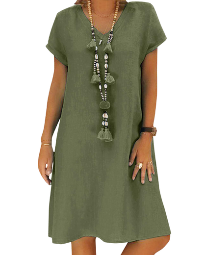 Salome Robe Femme – Col V Coton Lin, Manches Courtes & Coupe A-Line Midi avec Poches Été