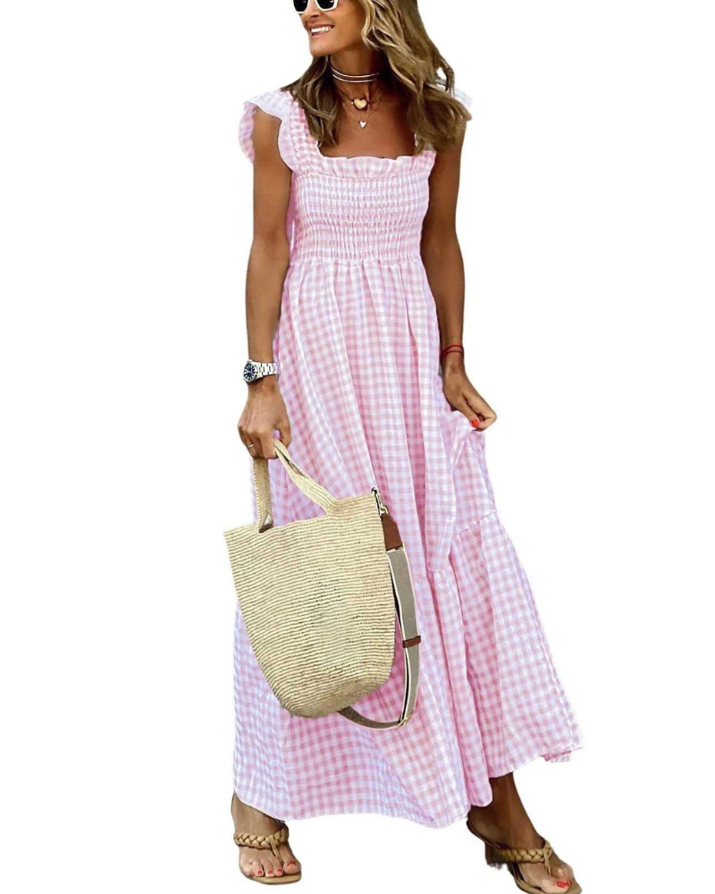 Rona Robe Maxi Femme – Col Carré Bretelles Fines Carreaux, Coupe A-Line & Dos Smocké avec Poches